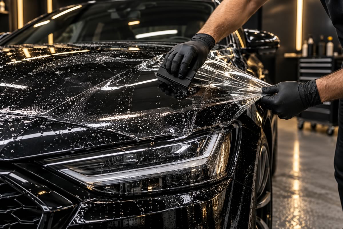 Instalación de film PPF transparente sobre el capó de un coche negro